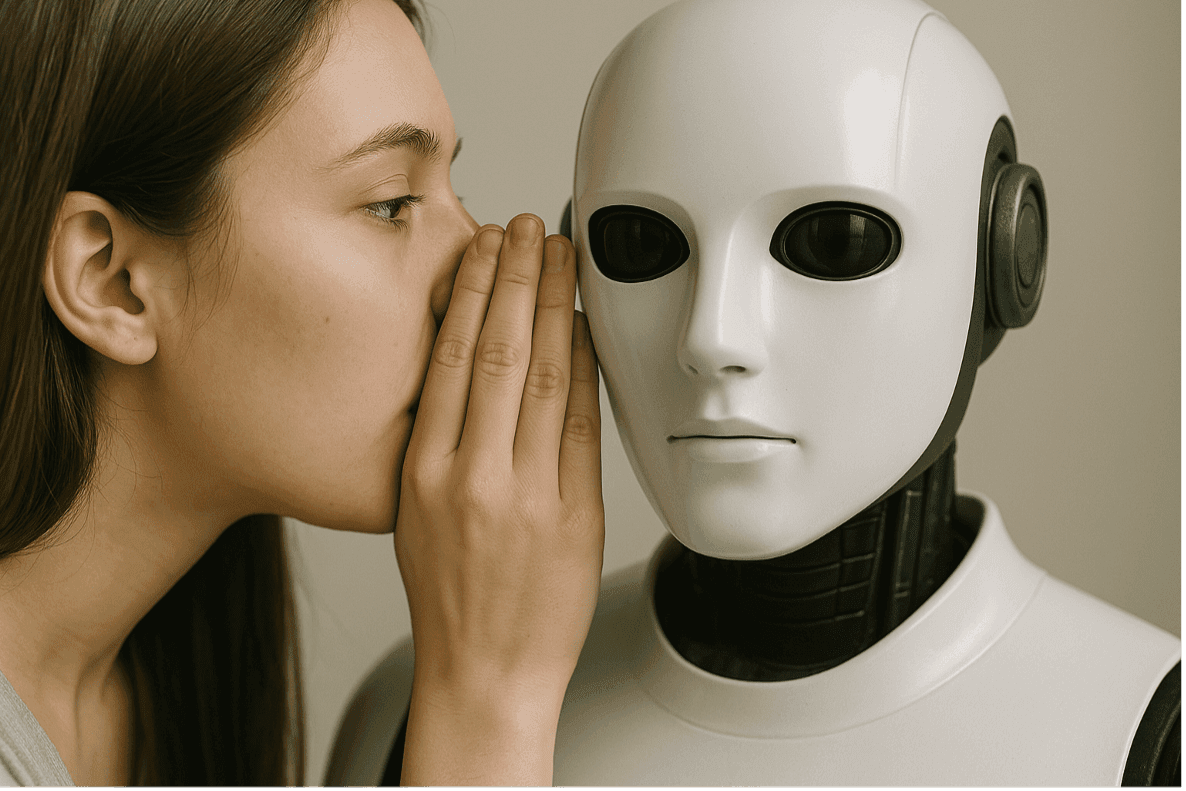 A woman touching her face next to a robot