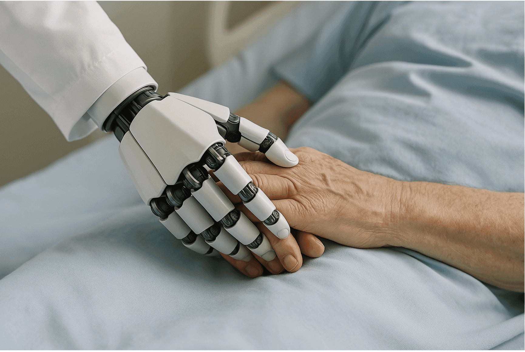 A person in a hospital bed holding a robotic hand